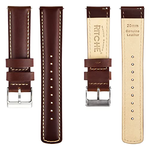 Ritche Quick Release Leather Watch Band 18mm 20mm 21mm 22mm 23mm 24mm for Samsung Galaxy Watch 6 Band Classic 43mm 47mm 40mm 44mm Leather Watch Strap, Dark Coffee & Khaki & Silver, 20mm, Classic