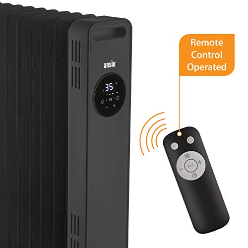 ANSIO® Oil Filled Radiator Heater 11 Fins 2300W with Remote, Black Portable Electric Heater with 3 Heat Settings, Adjustable Thermostat, 24 Hour Timer, Overheat and Accidental Tip-Over Protection