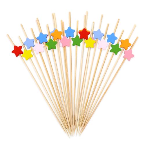 DazzJoy 100 Stück Holz Cocktailspieße,Sternförmige Fingerfood Spieße,12cm Zahnstocher Holz,Spiesse für Snacks Fingerfood,Partyspieße Obstspieße Holzspieße,Bunt Spieße Fingerfood Cocktail Spieße