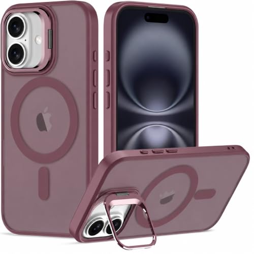 Image of Elzzi Kickstand Case for iPhone 16 Case Compatible with MagSafe, Built-in Adjustable Camera Guard Stand, Translucent Matte Anti-Fingerprint Heavy Duty Shockproof Phone Cover - Cherry