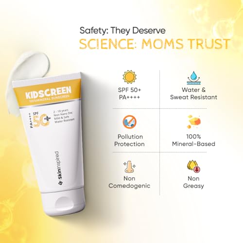 Image of SkinInspired Kidscreen (2-18 yrs) 100% Mineral Sunscreen for Kids | SPF 50+ PA++++ | Broad Spectrum UVA & UVB Protection | Water & Sweat Resistant | Vitamin E & Pro Vitamin B5 | Non-Greasy | 50GM