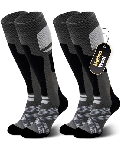 Niorasen Merino Wool Ski Socks Men Unisex 2 Pairs Thermal Knee-High Socks for Winter Full Cushion Thick Socks Skiing Snowboarding Outdoor Sports Hunting Hiking Black 2 Pairs UK 9-15