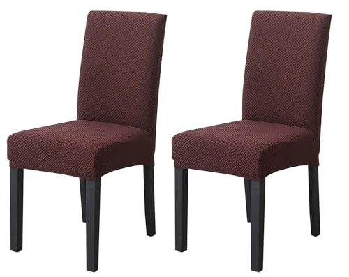 Image of House of Quirk Elastic Jacquard Chair Cover Stretch Removable Washable Short Dining Chair Cover Protector Seat Slipcover (Pack of 2, Dark Brown)