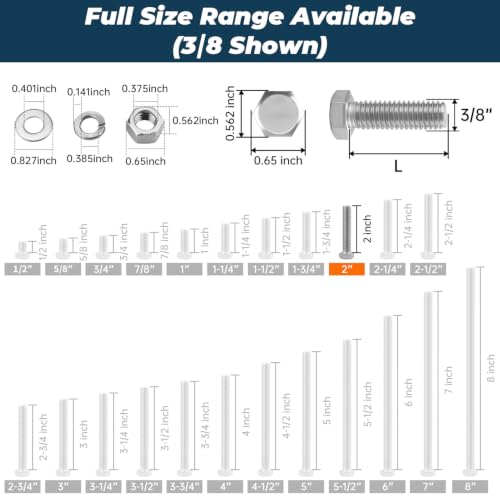 Image of 8 Sets Glvaner 3 /8-16 x 2 Stainless Steel Hex Head Screws Bolts, Nuts, Flat & Lock Washers, 18-8 (304) Stainless Steel, Full Thread, Coarse Thread
