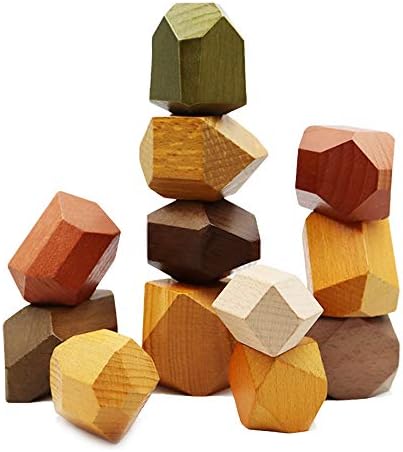 Natural Wooden Blocks Colored Wooden Stones Stacking Game Educational Puzzle Preschool Toy (Large Size (12PCS))