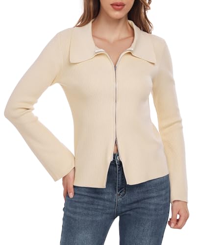 Image of Beige Sweater Long Sleeve Cute Ribbed Knit Jacket Sweaters V Neck Sexy Sweaters Pullover Zip Collared Tops Weekend Holiday BeigeS