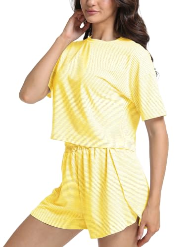 Image of Split Short Pajama Set Soft Women's Striped Pajama Sleeve Tee & Elastic Waist Shorts Lounge Sleepwear Yellow