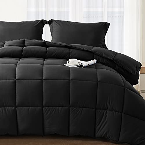 Bedhours Queen Comforter Set 3 Pcs Ultra Soft Premium 2100 Series Down Alternative Bedding Sets For All Season, Breathable Lightweight Cooling Comforter + 2 Pillow Shams (Black Queen) #TOP4