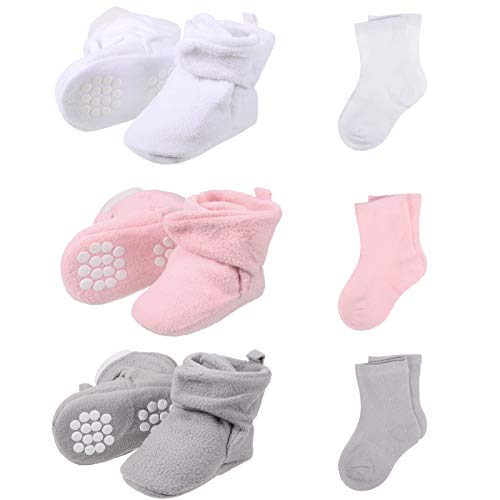 SATINIOR 3 Pairs Unisex Cozy Fleece Baby Booties with 3 Pairs Infant Cotton Socks (White, Gray, Pink,0-6 Months)