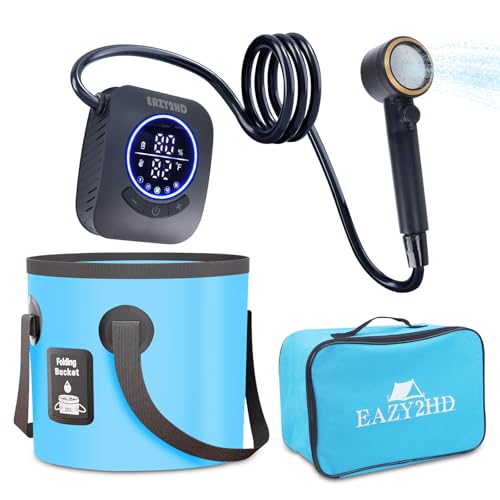 Eazy2hD Portable Camping Shower 8000mAh Rechargeable Outdoor Shower Pump, 4 Spray Modes, IPX8 Waterproof for Camping, Hiking, Pet Bath,Car Washing,Surf & Boat Cleaning (Shower Pump With Bucket)