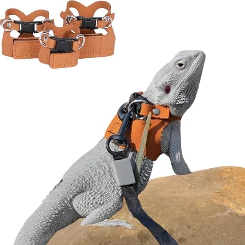 Image of 3PC Bearded Dragon Harness Leash Set Adjustable Soft Suede Leather Vest Harness with Traction Rope Outdoor Walking Escape-Proof for Reptile Lizard Squirrel Ferret (Brown)