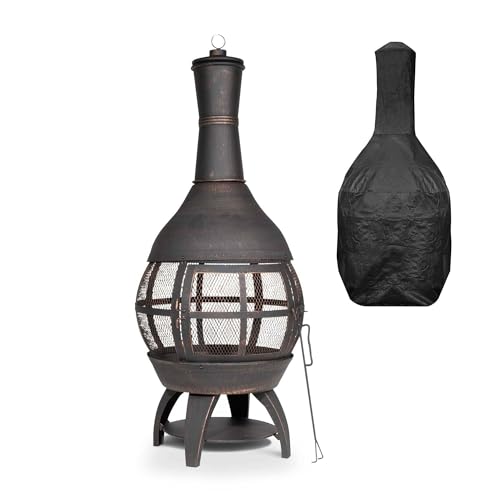 Dellonda Deluxe 360° Chiminea/Fire Pit/Outdoor Heater with Fire Poker & Water Resistant Drawstring Cover - Antique Bronze Finish - DG241