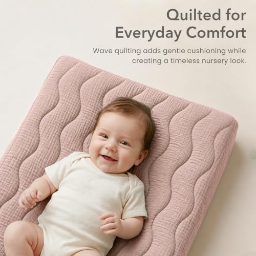 Image of Konssy 2 Pack Quilted Muslin Changing Pad Cover, Waterproof Layer 32 inch x 16 inch | 100% Cotton Surface with Silent Protection, Soft Changing Table Sheets, for Baby Boys and Girls (Biscotti)