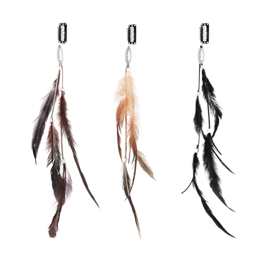ZEACCT 3 Extensiones de Cabello Bohemias Hechas a Mano,Pinza para El Cabello con Borlas Indias de Plumas,Pinza para El Cabello Hippie Bohemia,Horquilla de Plumas,Accesorios para Tocados de Cosplay
