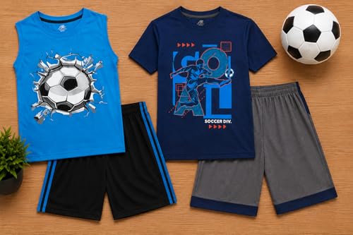 Image of Pro Athlete Boys Short Sets - 4 Piece Performance Graphic Tees and Tank Tops with Matching Boys Athletic Shorts (Sizes: 8-16)