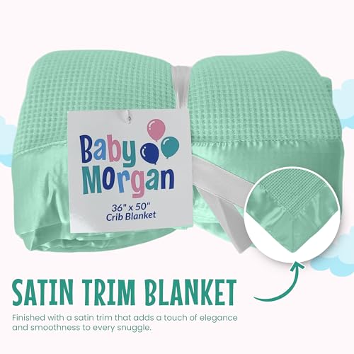 Image of Blankets Thermal Waffle Baby Blanket Crib Bedding - Soft Cozy Warm Infant Thermal Cover for Nursery Stroller or Bassinet, Lightweight Ideal Shower Gift, Satin Trim Mint Green 36 inch x 50 inch