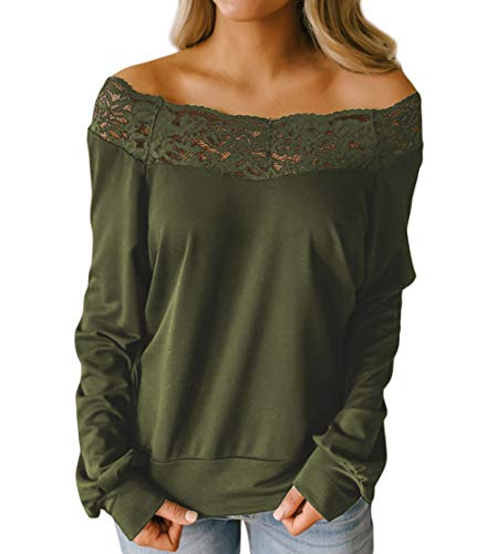 NStart Womens Sexy Lace Detail Boatneck Pullover Blouse Long Sleeve Tops ((US 12-14) L, Green)
