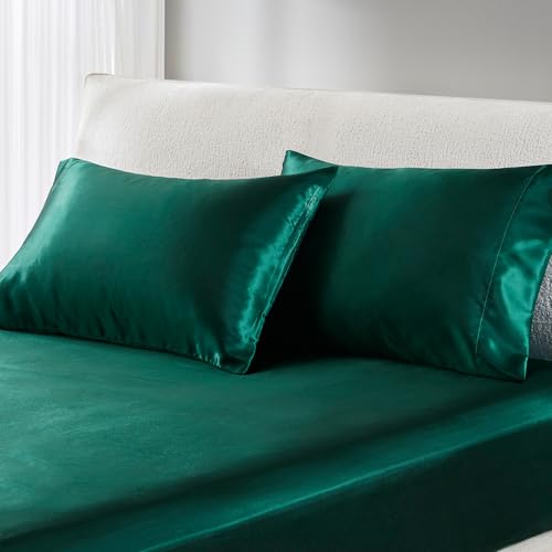 Image of Madison Park Essentials Satin Pillowcase Set of 2, Silky, King Emerald