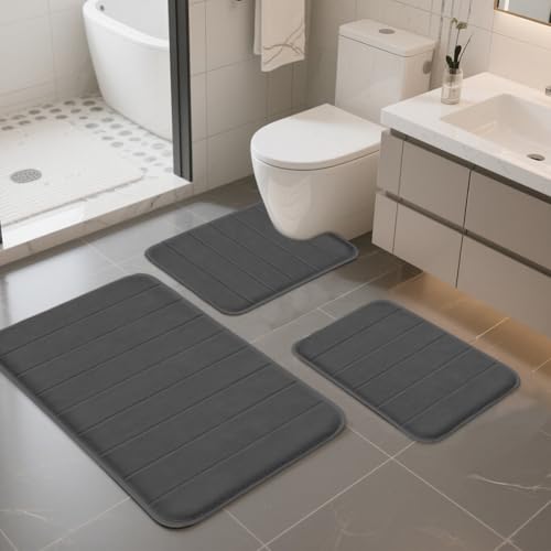 Ruioomeep Lot de 3 tapis de bain antidérapants et lavables avec mousse à mémoire de forme et tapis WC en forme de U (gris foncé, 2 tapis de bain + tapis WC...