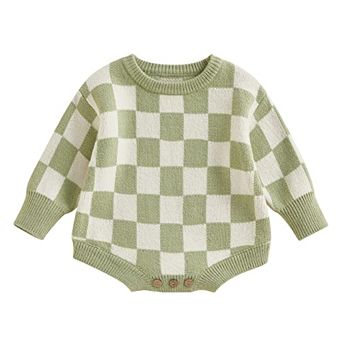 Image of Unisex Baby Girl Boy Knitted Romper Jumpsuit Checkerboard Plaid One Piece Button Down Sweater Playsuit Clothes
