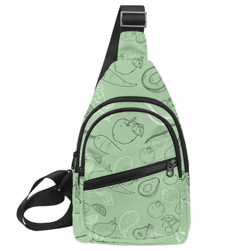 Bolsos cruzados verdes con diseño de comida saludable, perfectos para regalar en cualquier ocasión