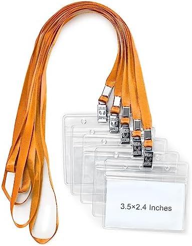 50 Pack Clear Horizontal Name Badge Holders & 50 Black Lanyards - 4x3 Inch ID Card Holders, Waterproof