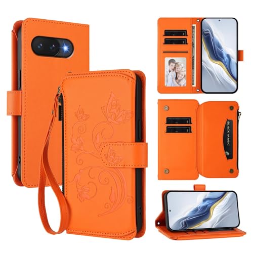 Coque Google Pixel 9A orange étui cuir magnétique avec portefeuille à glissière