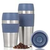 Moon 360° Reisebecher – Auslaufsicherer, wiederverwendbarer Kaffeebecher für Heißgetränke – Isolierter Edelstahl-Thermobecher, passend für Auto-Getränkehalter (450 ml, recyceltes Metall/Blau)