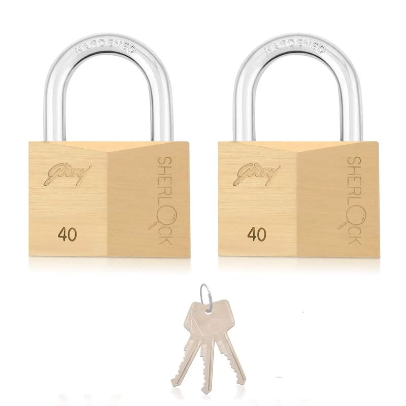 Godrej Sherlock 40 MM | Solid Brass Padlock, Rust Resistant & Hacksaw Resistant with Self Lock Mechanism | for Luggage, Cycles Lockers & Doors (40 MM - Pack of 2)
