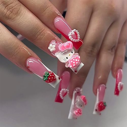 24 PCS French Flower Cat Strawberry Press-on False Nails Pearl Heart Long Wearable Fake Nails Gifts for Women and Girls (No.79)