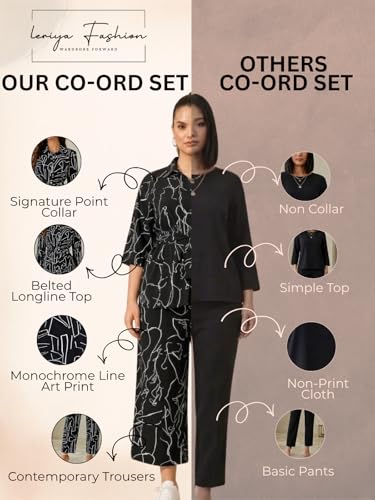 Image of Leriya Fashion Co Ord Set for Women Stylish | Western Dress for Women Casual Poly Cotton Cord Set | Printed Shirt Pant Set with Wide Leg Pants | Smart Casual Office & Travel Outfit