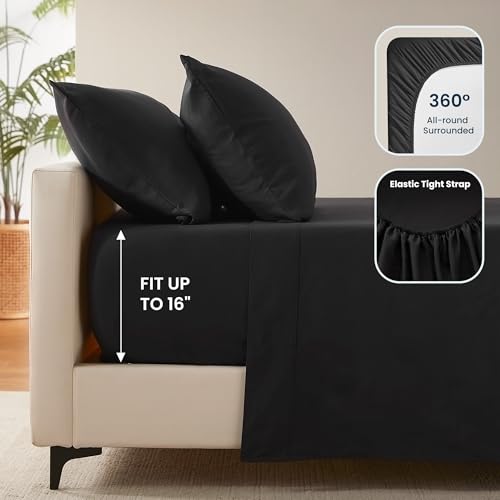 SLEEP ZONE Nanotex Super Soft Cooling Queen Bed Sheets Set 4 Piece - Easy Care Fitted Flat Sheet & Pillowcase Sets - Wrinkle Free, Fade Resistant, Deep Pocket 16" (Black, Queen)