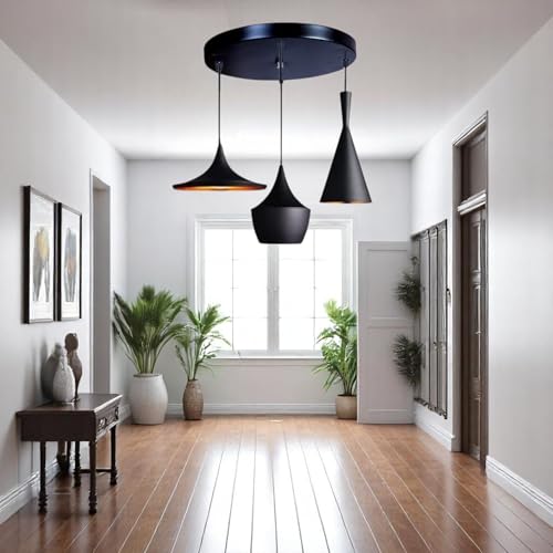 Image of GreyWings 3-in-1 Designer Black Aluminium Hanging Pendant Lights for Ceiling, Modern Indoor Hanging Lamp Set for Dining, Kitchen, Living Room, (Small) Cluster Set