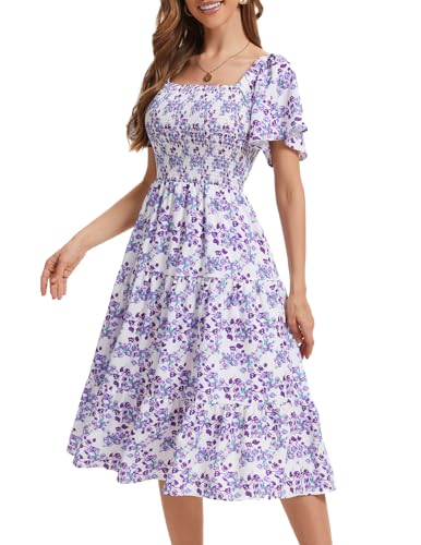 Image of Bbonlinedress Womens Casual Floral Summer Smocked Beach Party Boho Midi Square Neck Dress