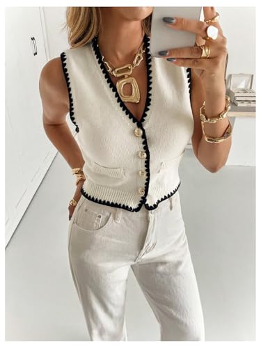 SOLY HUX Women's Button Down V Neck Crop Sweater Vest Sleeveless Fitted Knit Tank Top4