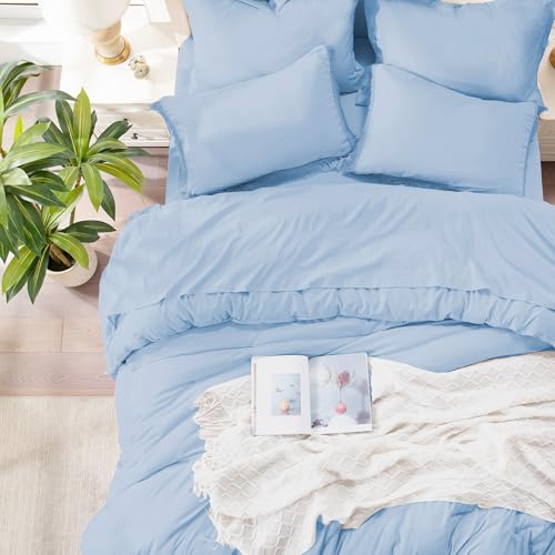 Image of Andency King Size Comforter Set with Sheets Light Blue - 7 Pieces Bed in a Bag Boho Soft Lightweight Bedding Sets, Tassel Bed Set with Comforter, Sheets, Pillowcases & Shams