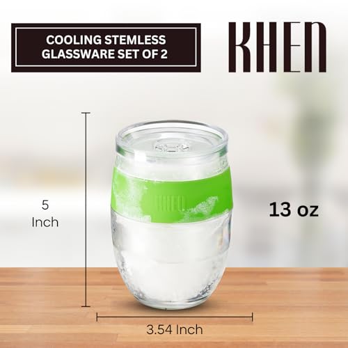 Image of Freezable Wine Tumbler Set with Lids & Green Grip - 2 Set - 13 oz Tumblers Insulated Cooling Gel Glasses - Reusable Double Wall Stemless Cups for Keeping Drinks Cold, Outdoor Entertaining & Gifts