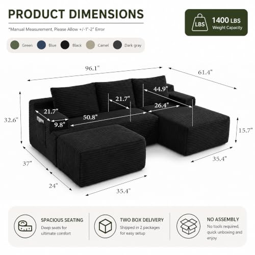 Image of Boneless Couch, Modular Sectional Couches for Living Room, U-Shaped Cloud Couch Sofa with Deep Seat, Fluffy Corduroy Upholstered Corner Sofa
