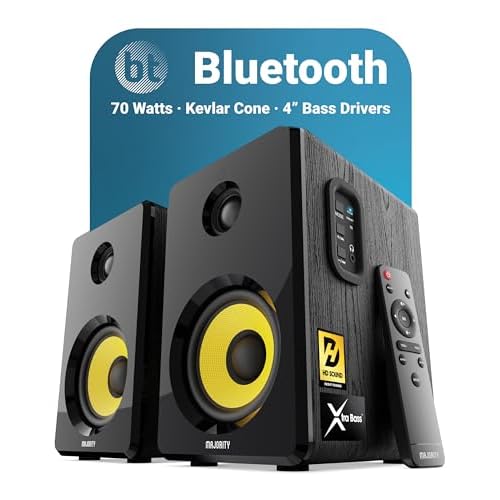 Majority Bluetooth Active Bookshelf Speakers with 70 Watts Power | Hi-Fi Powered Speakers, Kevlar Yellow Speaker Cone and Wooden Cabinet | Optical, RCA, USB & AUX, Remote D40X Stereo Speakers