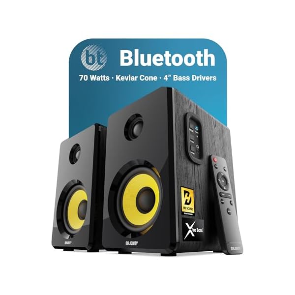 Majority Bluetooth Active Bookshelf Speakers with 70 Watts Power | Hi-Fi Powered Speakers, Kevlar Yellow Speaker Cone and Wooden Cabinet | Optical, RCA, USB & AUX, Remote D40X Stereo Speakers