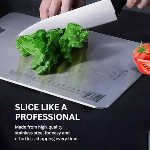 Image of Stainless Steel Chopping Board for Kitchen Large, Metal Chopping Board for Meats, Fruits and Vegetables, Non Slip Heavy Duty Steel Cutting Board, Dishwasher Safe, 36cm x 25cm