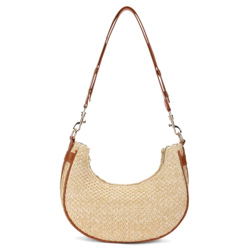 Women's Small Straw Woven Shoulder Bag Hobo Beach Purse for Summer Lightweight Handbag with Adjustable Strap