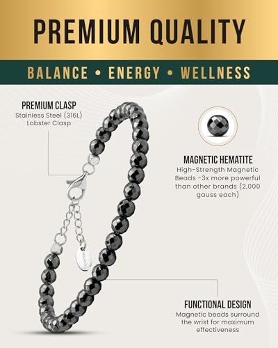 Image of MagnetRX Hematite Magnetic Anklet - Ultra Strength Stones - Elegant Ankle Bracelets for Women - Metallic Black Beaded Hematite Anklets for Women and Men (6mm Faceted Beads)