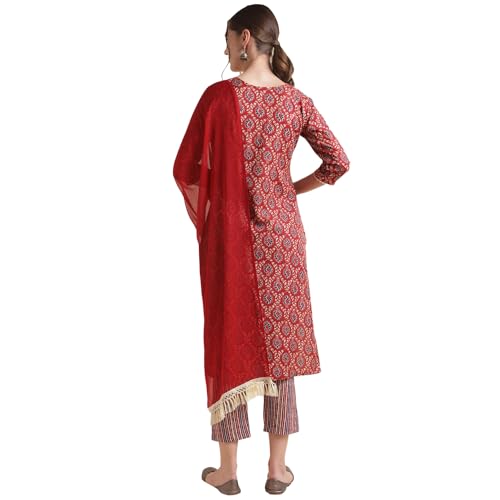 Image of NAINVISH Cotton Blend Kurti Pant & Dupatta | Kurta Set for Women | Women Kurta Pant Dupatta Set | Kurta Pant with Dupatta Set | Embroidered Kurta Pant Dupatta Set