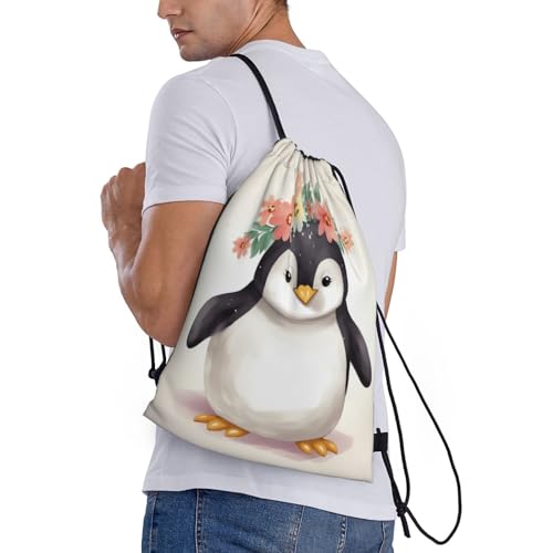 Penguin Wearing Flowers Drawstring Backpack for Men Gym Bag String Bag Waterproof Drawstring Bag for Women Swim Bag Small3