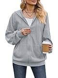 Sangdut Damen Hoodie Sweatjacke, Langarm Texturierte Kapuzenjacke Kapuzenpullover Sweatshirt mit Kapuze und Reißverschluss (XL, Grau)