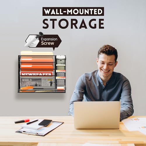 SUPEASY Wall File Organizer, 5-Tier office wall organizer with 4 Pen Holders, Wall Organizer for Office with R-shaped Bottom Tray, Metal Desk Organizer for Office, School, Home, Black