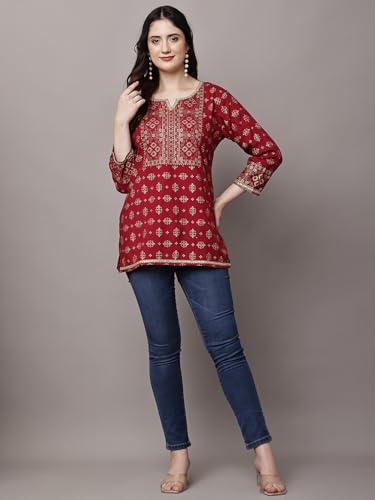 Image of Women's Pink Printed Short Kurti with Lace Trim, 3 /4 Sleeves, Ethnic Indian Style Top