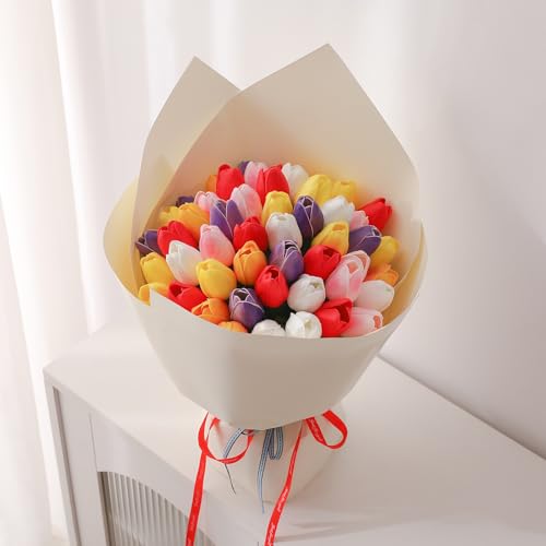 Image of White Fake Tulips Artificial Flowers - 24 Pcs Artificial Silk White Tulips Faux Flowers with Stems for Home Wedding Hotel Office Centerpiece Decor Easter Decorations