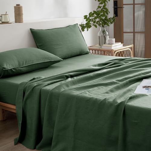 EVERLY Linen King Size Sheets Set,100% French Washed Pure Linen Bed Deep Pocket Sheets,4Pieces(1Flat Sheet,1Fitted Sheet,2Pillowcase) Suitable for Hot Sleepers,180GSM Dark Green Bedding Set